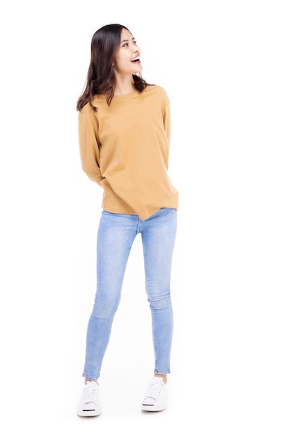 Beautiful young woman standing in full body in casual wear , Mixed race Asian Caucasian girl. Happy face, a confident, beautiful woman isolated on a white background.