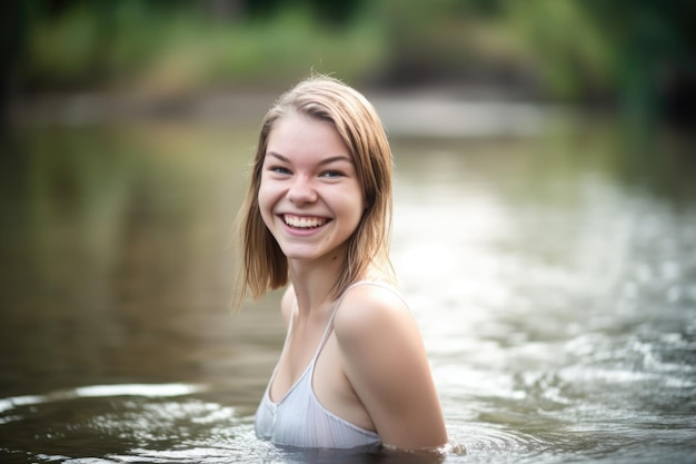 A beautiful young woman standing in water with a smile created with generative ai