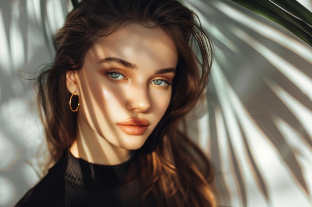 Photo beautiful young woman in a stylish darkgreen top poses near a white wall with palm leaf shadows smiling and enjoying the sunny weather