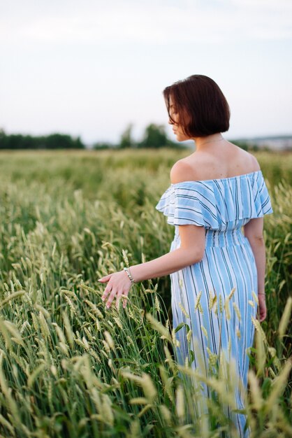 Beautiful young woman in summer in a wheat field