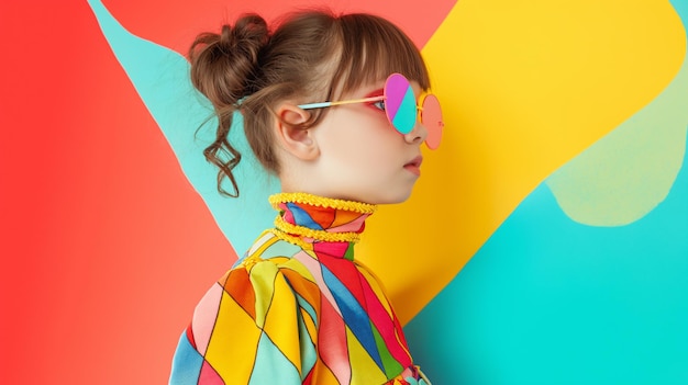 beautiful young woman in sunglasses looking away on multicolored background