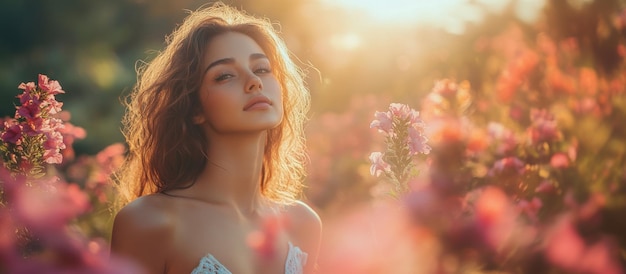 Photo beautiful young woman in a sunlit flower field during golden hour