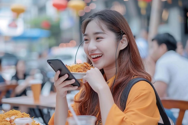 Beautiful young woman talking on mobile phone eating food with fork