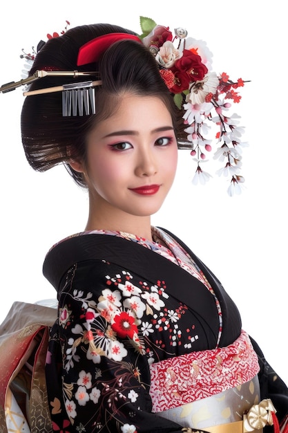 A beautiful young woman in traditional Japanese geisha attire isolated on a white background