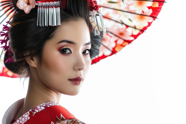 A beautiful young woman in traditional Japanese geisha attire isolated on a white background