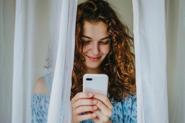 Beautiful young woman using her mobile phone at home