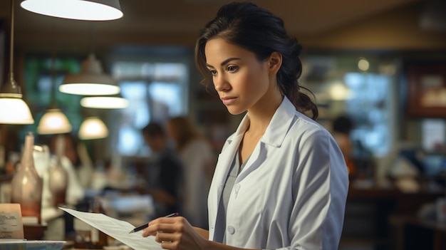 Beautiful young woman using mobile phone in a cafe or restaurantgenerative ai