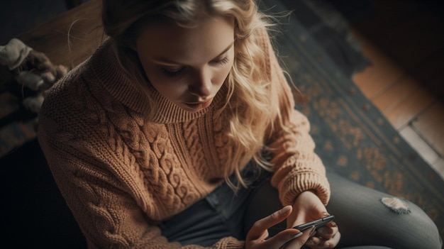 Beautiful young woman using smartphone in christmas decorated room at homegenerative ai