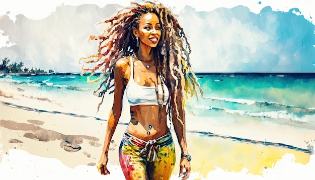 Beautiful young woman walking on the beach watercolor style Generative AI