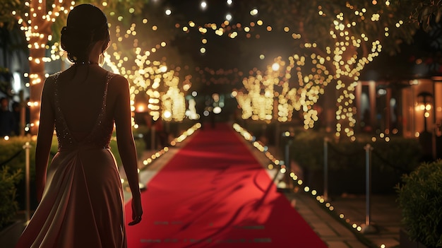 Beautiful young woman walking on red carpet at night with lights