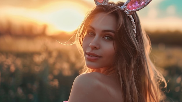 Beautiful Young Woman Wearing Bunny Ears Headband