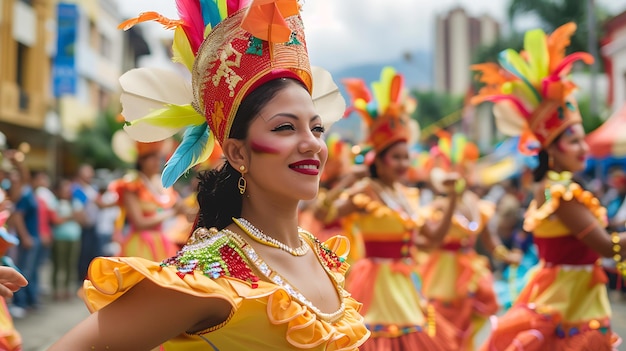 A beautiful young woman wearing a colorful feathered headdress and traditional Colombian dress smiles as she dances during a carnival celebration