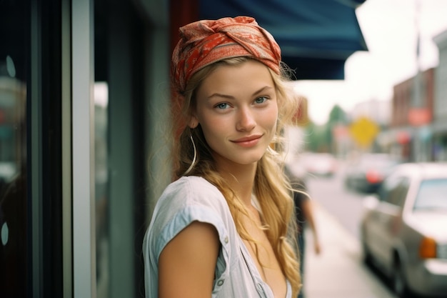 a beautiful young woman wearing a headscarf in front of a store