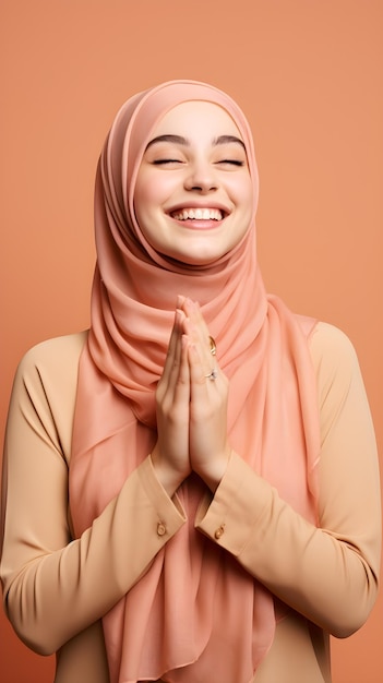 Beautiful young woman wearing hijab praying with hands together and smile red background