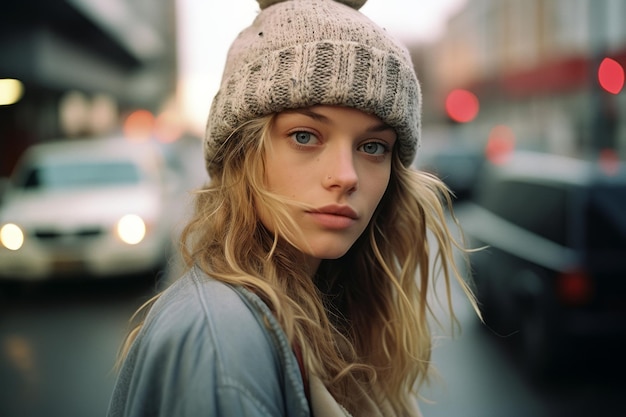 a beautiful young woman wearing a knitted hat in the city