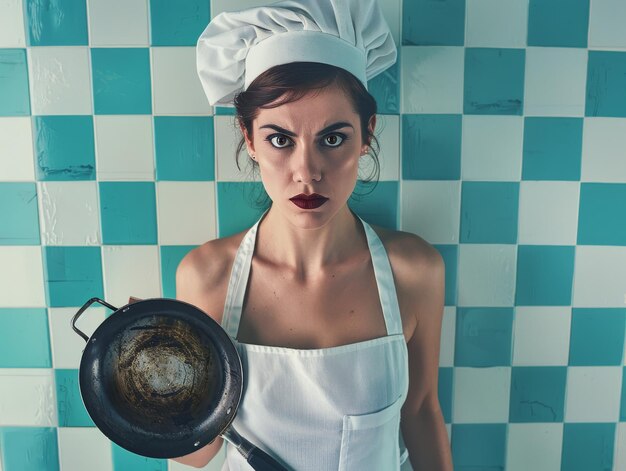 Photo a beautiful young woman in a white apron and chefs hat holding a pan with a sharp knife themed back