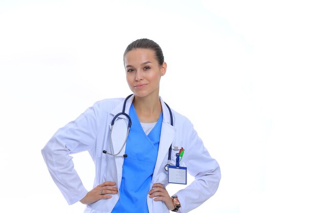 Beautiful young woman in white coat posing with hand in pocket Woman doctor