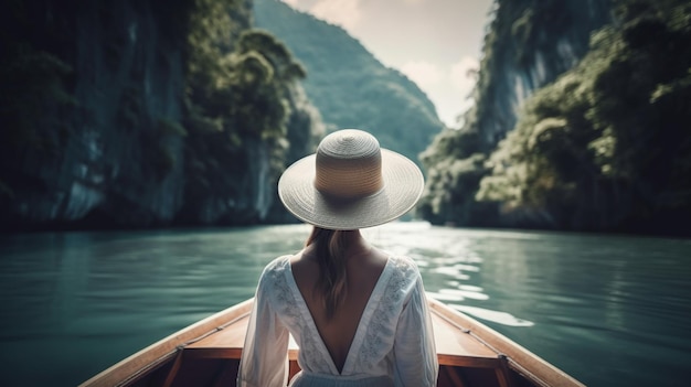 Beautiful young woman in white dress and hat on a boat in the sea Generative Ai