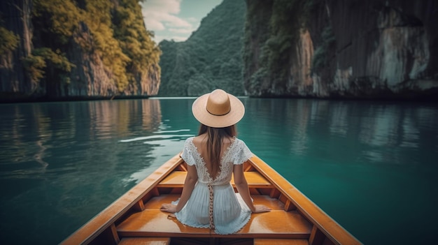 Beautiful young woman in white dress and hat on a boat in the sea Generative Ai