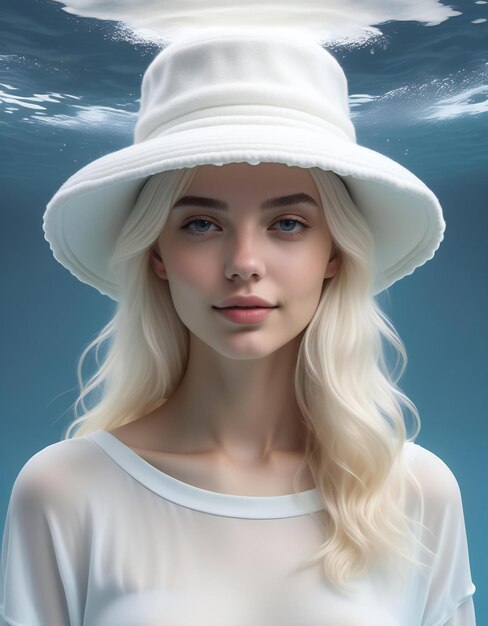 Beautiful young woman in white hat underwater