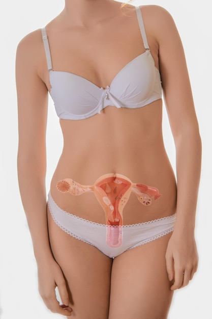 Beautiful young woman in white lingerie with hologram reproductive system