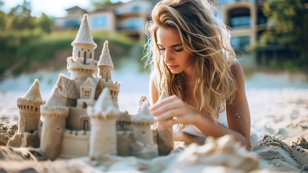 Photo beautiful young woman in a white swimsuit building a sandcastle on the beach she is smiling and focused on her work