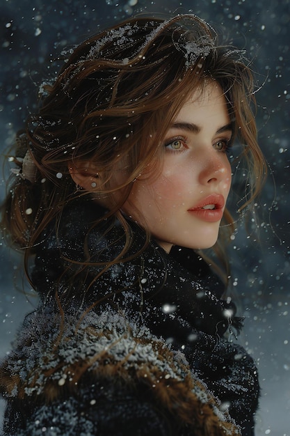 Beautiful young woman in the winter forest with snowflakes