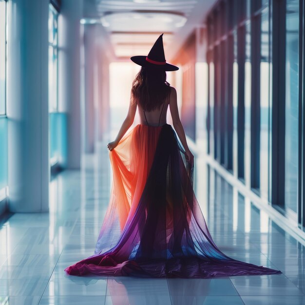 Photo beautiful young woman in a witchs hat and dress walks in the halloween