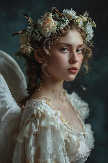 Beautiful young woman with angel wings and flowers in her hair