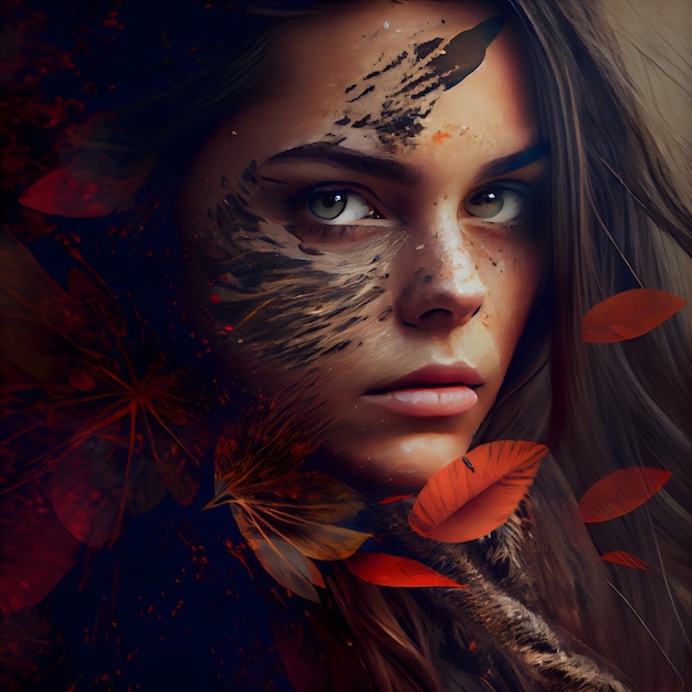 Beautiful young woman with autumn leaves on her face Beauty fashion