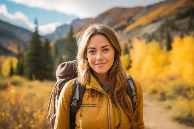 Beautiful young woman with a backpack hiking in the autumn mountains