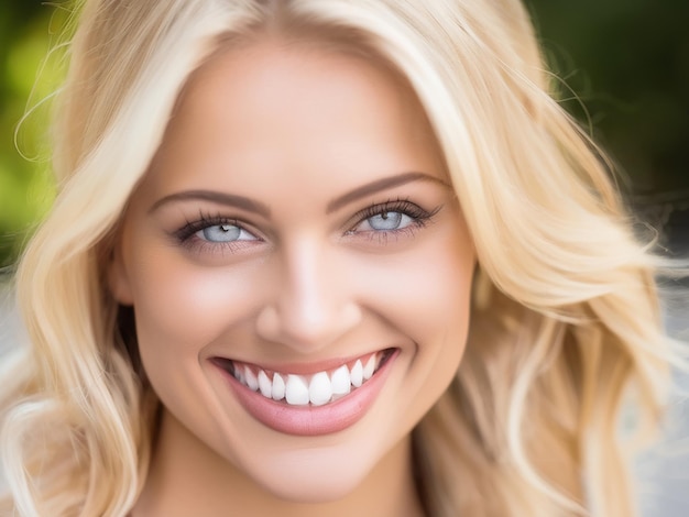 A beautiful young woman with blond hair smiling at the camera