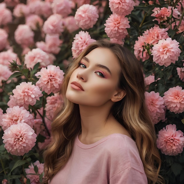 Beautiful young woman with blooming pink color flowers around her