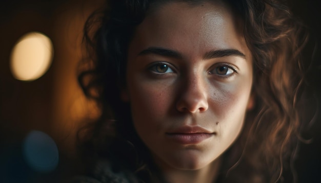 Beautiful young woman with brown curly hair smiling generated by AI