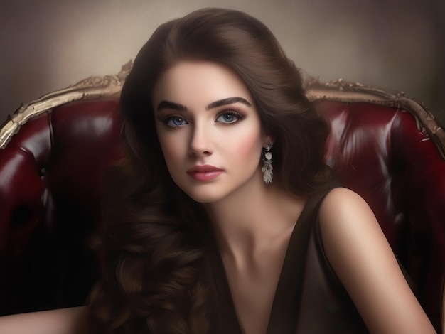 A beautiful young woman with brown hair and elegance sitting