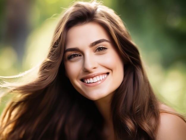 A beautiful young woman with brown hair smiling in nature