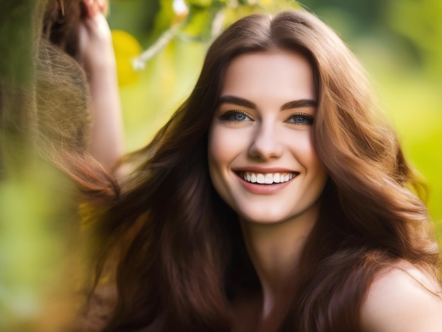 A beautiful young woman with brown hair smiling in nature