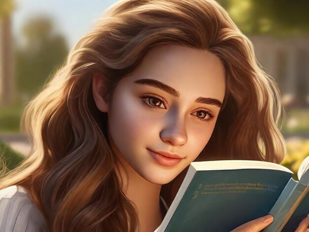 beautiful young woman with brown long hair reading a book outdoors