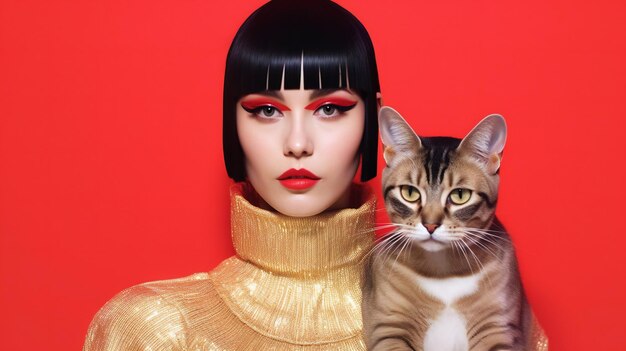 Beautiful young woman with a cat on a red background Beauty fashion