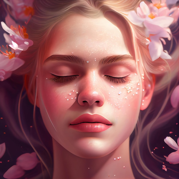 Beautiful young woman with cherry blossom or sakura flowers illustration