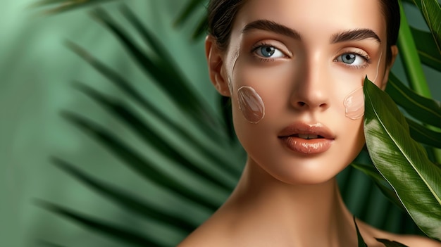 Beautiful young woman with clean fresh skin on face Girl facial treatment Cosmetol Generative AI