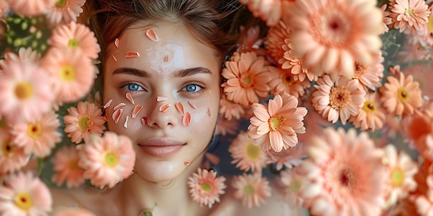 Photo beautiful young woman with clean fresh skin touching her face in flowers