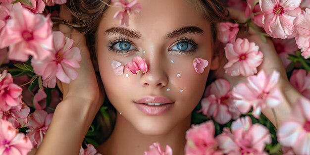 Photo beautiful young woman with clean fresh skin touching her face in flowers