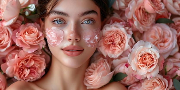 Photo beautiful young woman with clean fresh skin touching her face in flowers