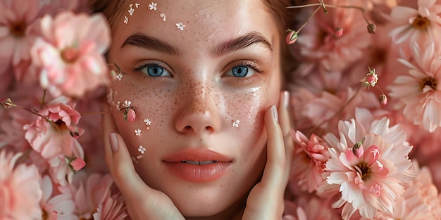 Photo beautiful young woman with clean fresh skin touching her face in flowers