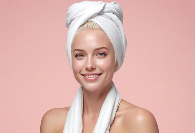 Beautiful young woman with clean skin and white towel on her head