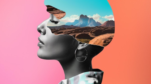 Beautiful young woman with closed eyes against the background of mountains and sky