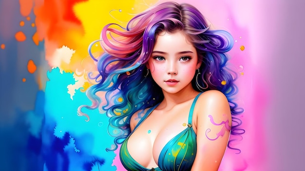 Beautiful young woman with colorful hair and creative makeup