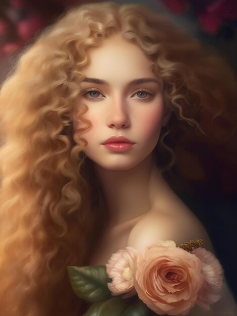 A beautiful young woman with curly blond hair and a flower