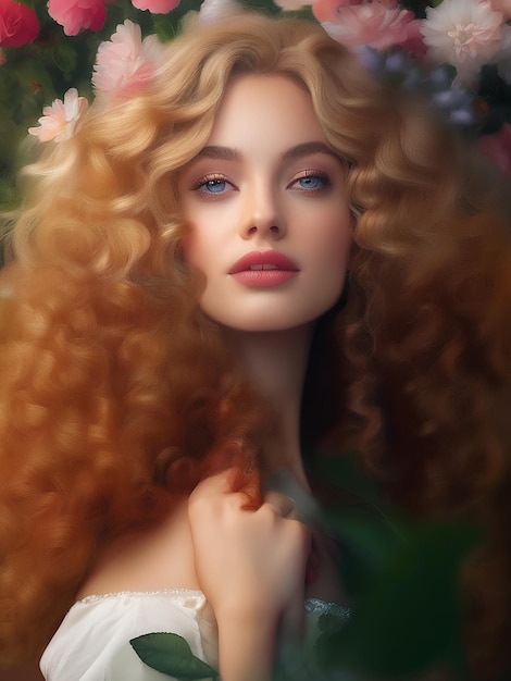 A beautiful young woman with curly blond hair and a flower